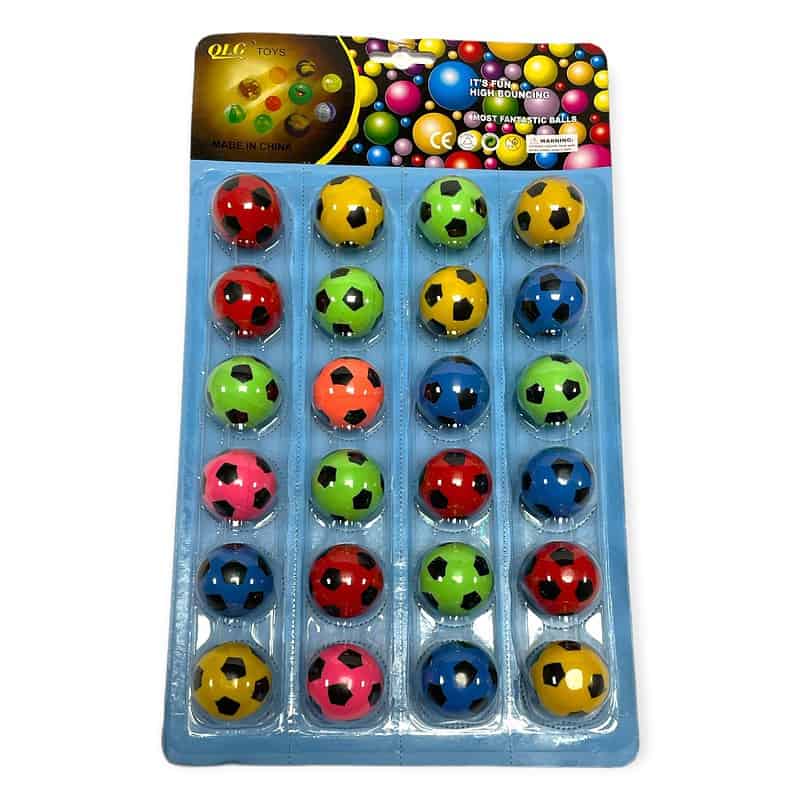BALL 32MM HIGH BOUNCE SOCCER 24PCE ON CARD
