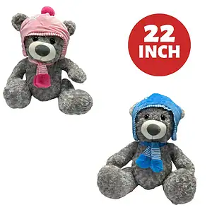 22″ GREY WINTER HAT & SCARF BEAR (PINK & BLUE HATS) (CTN QTY 6)